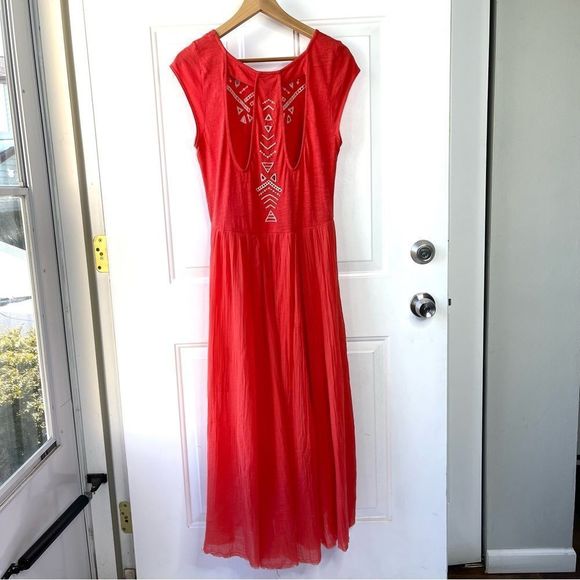 Free People Toosaloosa Slub Meadows Midi Coral Orange Dress Size Medium - Picture 5 of 11